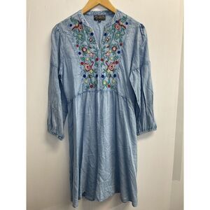 J Gee Women's S Chambray Embroidered Dress Long‎ Sleeve Split Neck Boho